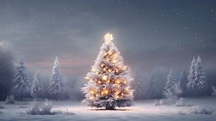 christmas tree with snow in the frozen winter wonderland landscape