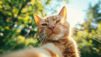 Cute ginger cat looking at the camera on the background of green grass.