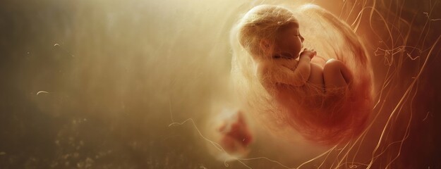 Human fetus in the womb prior to birth. Small embryo in uterus, banner with copy space. Unborn baby embryo during pregnancy. Childbirth medical science with space for text.