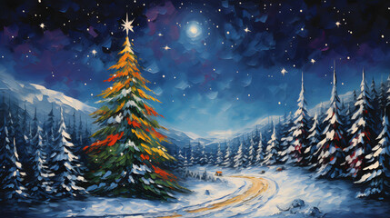 Decorated Christmas Tree in the Winter Wonderland, Xmas in the Snow, Frozen Landscape with Mountains in the background