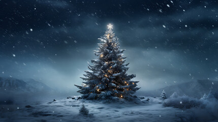 christmas tree with snow in the frozen winter wonderland landscape