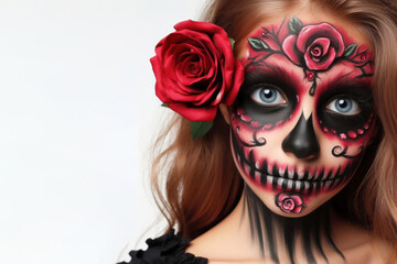 Obraz premium girl with creepy rose painted face for halloween on white background