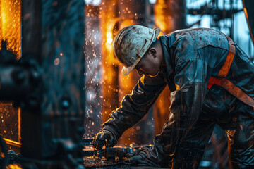 Driller doing drilling oil process with dirty work outfit.