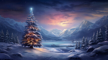 Christmas tree in the winter wonderland landscape, snow, night, decorated illuminated xmas tree	
