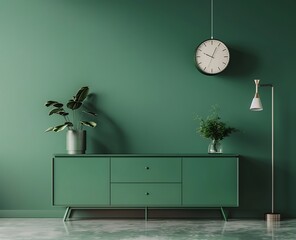 Green cabinet TV i with minimalist and vintage interior of living room,Clock,flower, lamp and plant...