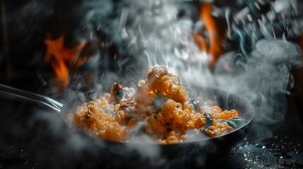Overhead view of Italian pasta, fire, smoke. Generative AI.