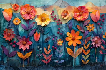 Vibrant paper art of a floral landscape with multicolored 3D flowers against a stylized mountain backdrop