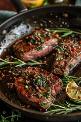 Grilled steak with butter, rosemary, and colorful peppercorns in a skillet