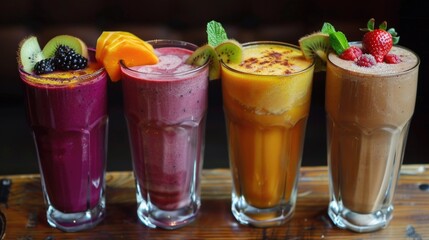 Assorted fruit smoothies in four tall glasses, decorated with slices of kiwi, strawberry, banana