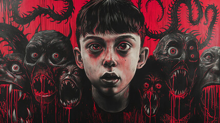 A painting of a boy with a mouth open surrounded by monsters