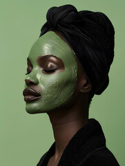 A woman with black hair is wearing a green mask on her face, accentuating her eyebrows and eyelashes. Her jawline, ears, and eyewear complete the fashionable look