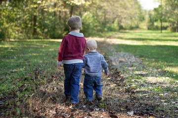 Toddlers Walking Hand-in-Hand Through Forest Path