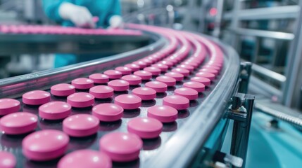 Obraz premium Pink tablets on conveyor belt in pharmaceutical production line.