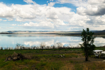Peaceful lakeside camping by Mono Lake under expansive skies.