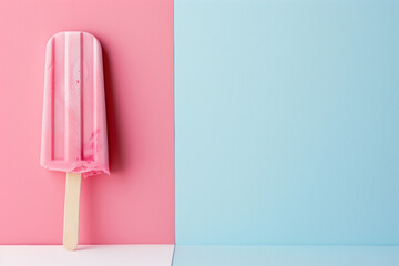 A pink popsicle rests on a clean white table against a solid colored background, evoking a sense of minimalism and simplicity. The composition is reminiscent of pop art, with bold colors and graphic 