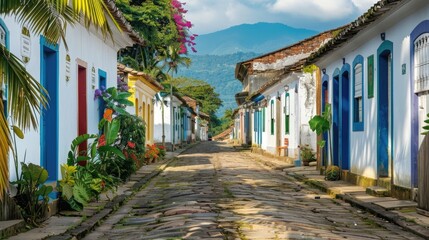 Fototapeta premium Colorful colonial houses on a cobblestone street adorned with vibrant flowers.
