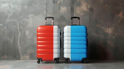 Red and blue hard-shell travel suitcases against a textured gray concrete wall.