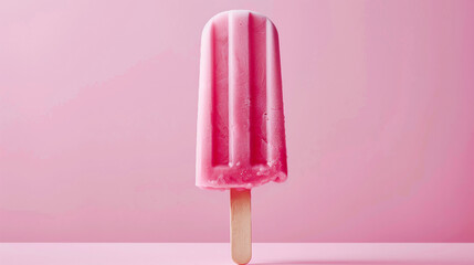 A pink popsicle rests on a clean white table against a solid colored background, evoking a sense of minimalism and simplicity. The composition is reminiscent of pop art, with bold colors and graphic 