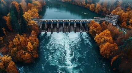 A hydroelectric dam spanning a river with turbines inside, converting water flow into electricity....