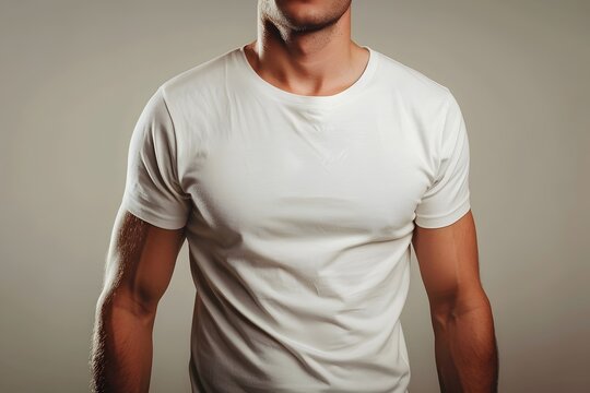 Un hombre joven  con una camiseta o playera blanca mockup en un fondo neutro. 