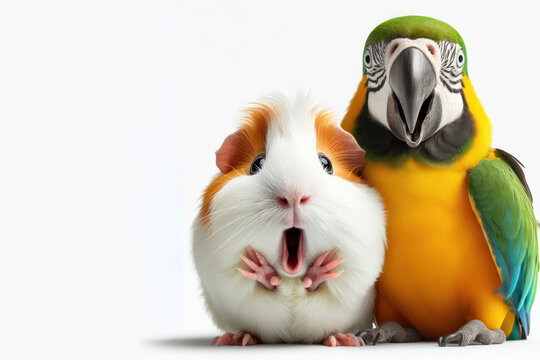 guinea pig and parrot with funny face surprising with open mouth face to face isolated on a white background