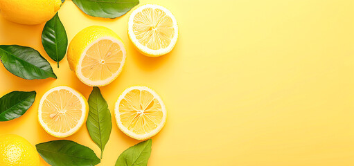 The freshness of ripe, juicy lemons alongside orange and green leaves against a radiant yellow backdrop