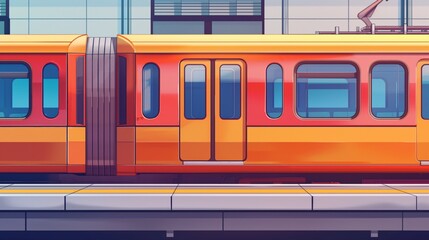 Illustration of vibrant orange train arriving at a modern urban station during daytime.