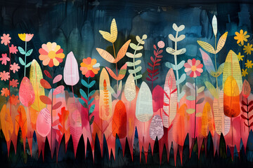 An abstract watercolor illustration of a whimsical garden where each plant and flower 
