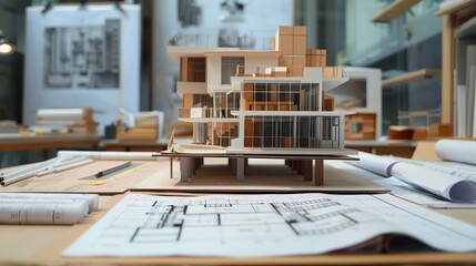 Architectural Firm Studio: An architectural studio filled with drafting tables, blueprints, and models, showcasing the creative process of designing buildings and structures