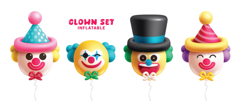 Clown birthday balloons vector set design. Birthday clown balloon shape inflatable collection for kids party celebration and occasion in white background. Vector illustration balloon clown design. 
