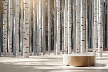 Obraz premium Simple cylindrical podium in a sunlit aspen grove, the white bark echoing the clean lines of the podium design