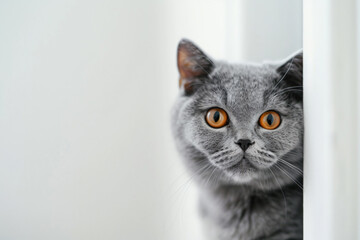 a cat with orange eyes peeking out of a window