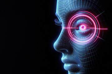 Obraz premium neon biometric scan of a person's eye on a black background copy space