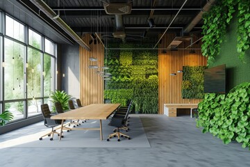 Eco-Friendly Modern Open Plan Office Interior With Tables, Office Chairs, Meeting Room And Vertical Garden