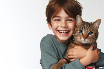 boy with joyful expression hugging his tabby cat isolated on white background copy space