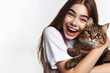 girl with joyful expression hugging her tabby cat isolated on white background copy space