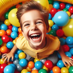 laughing child boy having fun in ball pit on birthday party