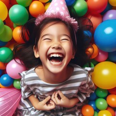 laughing child girl having fun in ball pit on birthday party