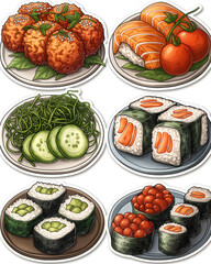 stickers of cute Japanese sushi sits on white plate , simple line art illustration,, flat colors,Onigiri,Seaweeds ,sesame,japanese dishes,tomato