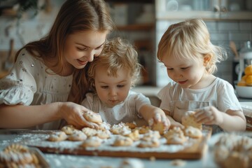 Happy family with two funny kids baking cookies in the kitchen , creative and happy childhood doing manual activities