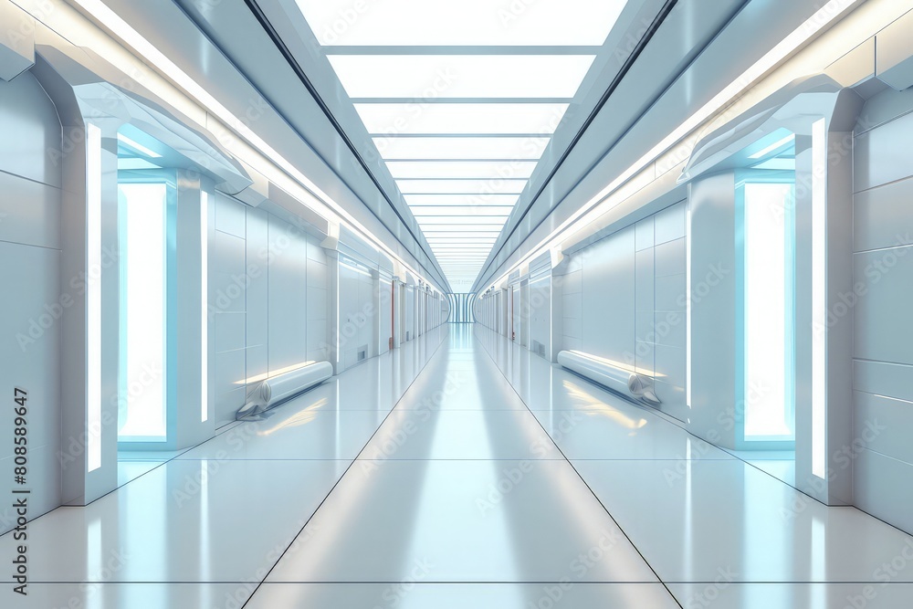 Poster empty futuristic corridor. 3d generated image.