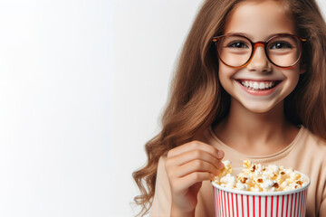 smiling child girl in glasses eating popcorn isolated on white background copy space