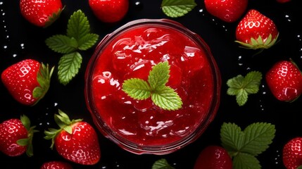 Bowl with delicious strawberry jam and fresh strawberries on a black background.