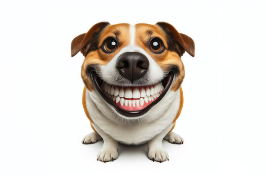 funny dog with a big smile and big teeth on a white background
