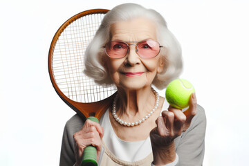old woman playing tennis isolated on white background