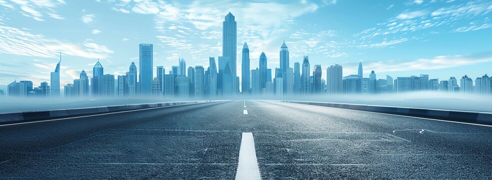 Design a captivating banner featuring an isolated black road flanked by urban landscapes