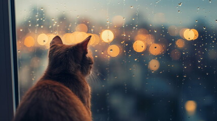 Cat looking out of a window onto a cityscape in the rain