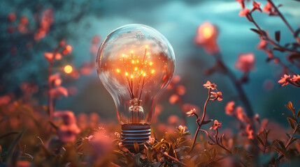 A glowing light bulb in a meadow and the Earth set against a vibrant sunset. Concept of creativity, environmental awareness, and sustainability.
