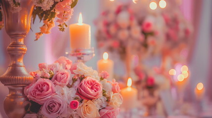 Elegant Wedding Decor, Luxurious wedding reception setup with floral arrangements and candles