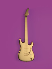 Gold electric guitar on vilet purple background minimal composition